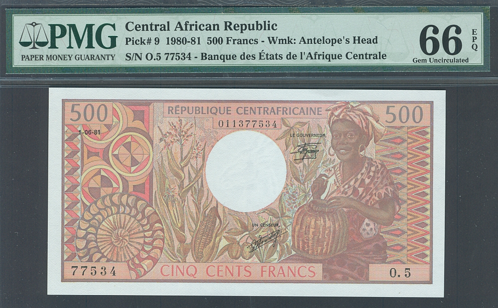 Central African Republic, P-9, 1980-81, 500 Francs, O.5 77534, GemCU, PMG66-EPQ